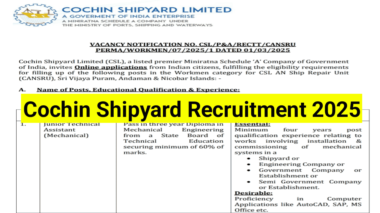 Cochin Shipyard Recruitment 2025